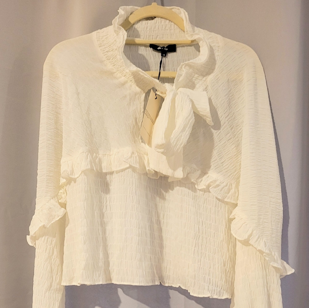 Alpha Omega Women White Long Sleeve Sheer Loose Fitting Crop Top